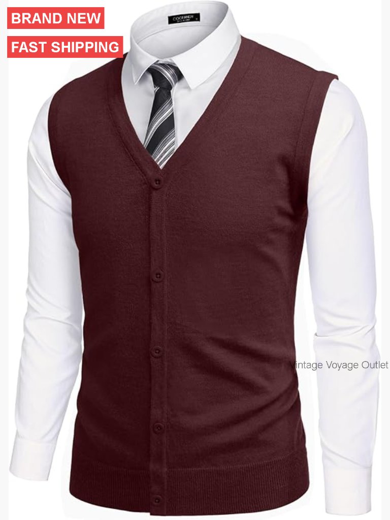 Men's V-Neck Sleeveless Sweater Vest, Knit Cardigan, Regular Fit, Large